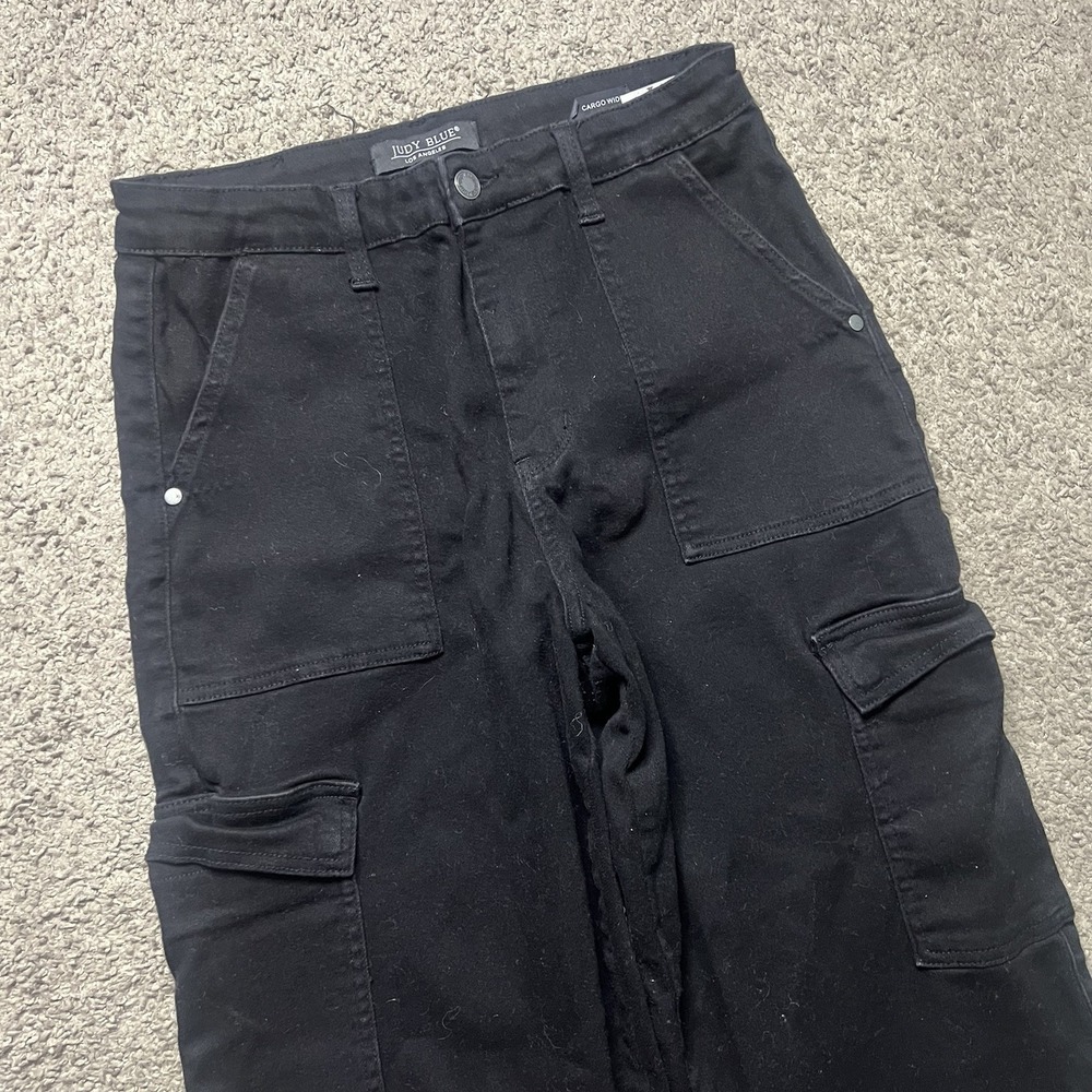 Judy Blue 11/30 Cargo Wide Leg Jeans Women Black High Rise Utility Streetwear